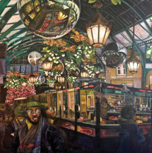 A photo Luther Lewis did of a crowd in an apple market.