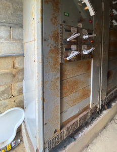 Photo of damage to the mechanical room, including rusting from water build up.