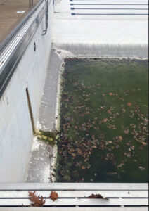 Photo of the hole in Hartke Pool near the diving board that is leaking groundwater into the pool.