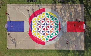 Tepe Park basketball court mural by Corderro Stith. Photo by Community One
