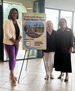 Mayor Stephanie Terry, Department of Parks and Recreation executive director Danielle Crook, and Evansville Trails Coalition executive director Lorie van Hook at the launch of ETC's Regional Trails Master Plan on June 6, 2025. Photo by Maggie Valenti