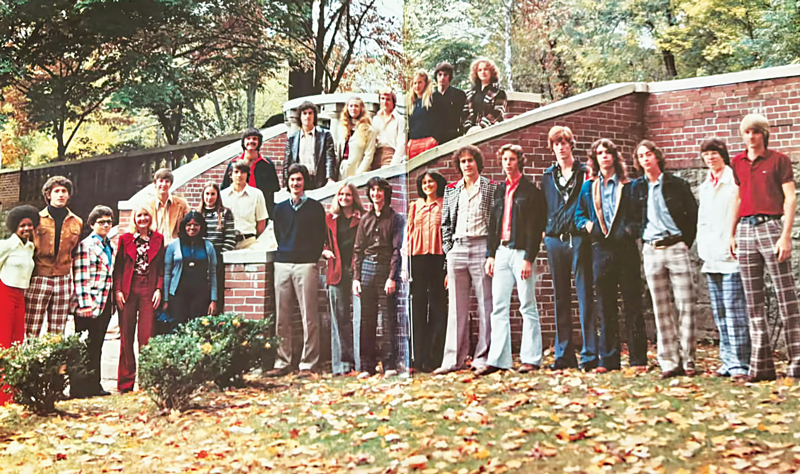 Evansville Day School Class of 1975 original senior photo provided by Susan Watson-Spiller. Front Row: Bruce Simon, Denise Kelce, Dave Trockman, Jennifer Levi, Jeff Sater, Tom Martin, Rusty Colvard, Edd Frisse, Guy Slaughter, Dave Seifert, and Jim Butterfield. Up the Stairs: Beth Hovda Ey, Mark Miller, George Schmadel, Ted Brown, Susan Watson-Spiller, Garrett Gardner, Debbie Harned Blackshear, Wayne Cooper, and Victoria Hust. Bottom of Stairs: Yolanda LaGrone Clemons, Jim Kluger, Celal Berker, Evelyn Fay Leinbach, Paul Wyatt, and Rose Scruggs