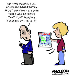 Cartoon illustration celebrating Evansville Living's 25th anniversary by James MacLeod