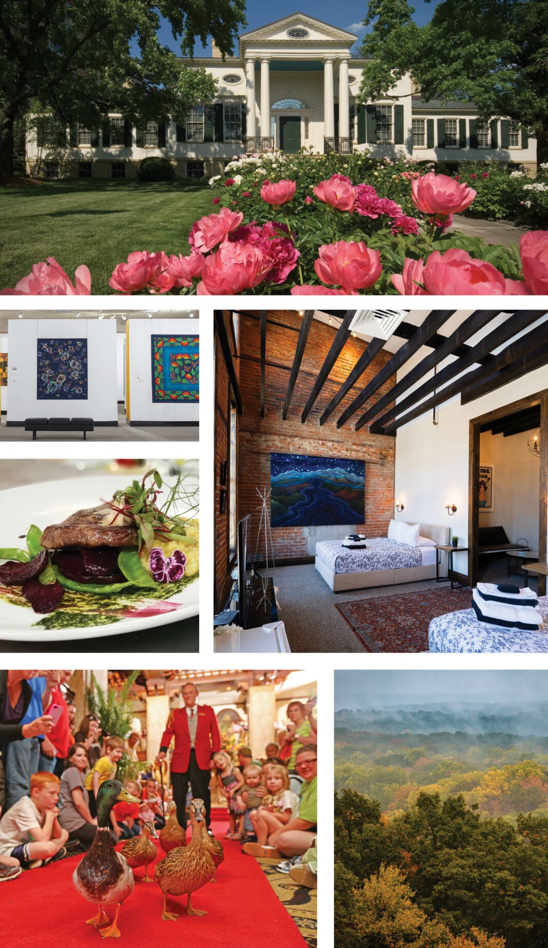 Taft Museum photo provided by the Taft Museum. National Quilty Museum and 1857 Hotel photos provided by the Paducah Convention & Visitors Bureau. Story Inn photo provided by the Story Inn. Peabody Duck March photo provided by The Peabody Memphis. Brown County, Indiana, landscape photo provided by the Nashville/Brown County Convention and Visitors Bureau.