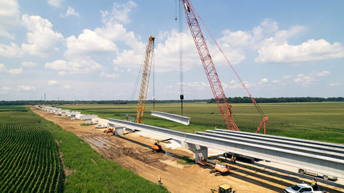 Photo of construction on the Section 3 Indiana I-69 Ohio River Bridge approach as of August 2025 courtesy of I-69 Ohio River Crossing.