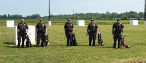 Sgt. Robert Schmitt and K9 Honcho, Deputy Hunter Blackford and K9 Hugo, Deputy Neal Luecke and K9 Dozer, Deputy Brandon Rolley and K9 Kratos, and Deputy Daniel Sander and K9 Dexter photo provided by Ballistic Buddies.