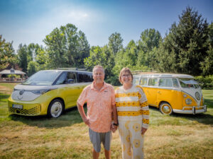 Michael and Christine Peck with Christine's 2025 ID.Buzz and 1973 Samba Volkswagens photographed by Zach Straw.