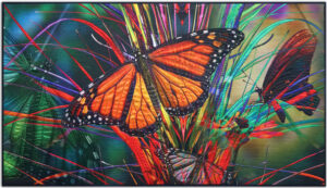 Monarch butterflies approach tall grass in a bright, vibrant picture printed onto a stitch work of fiber art.