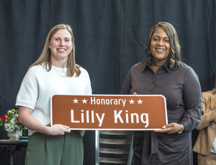 Photo of Lily King and Mayor Stephanie Terry by Greers N Motion