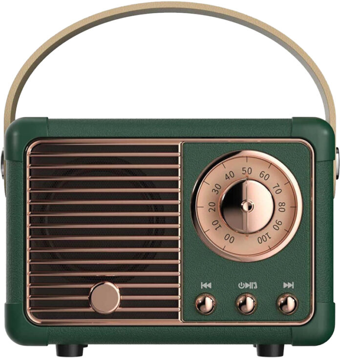 Vintage bluetooth speaker in a dark olive tone, available for $26 from BasketKases Gift Shoppe