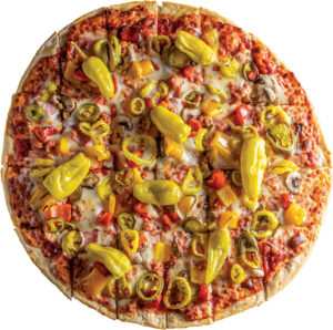 circular thin-crust pizza topped with sliced and whole peppers