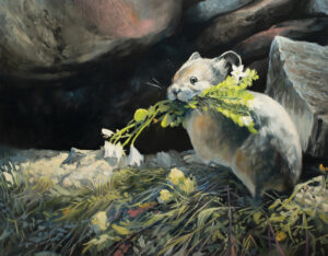 Painting of animal holding a bouquet in its mouth